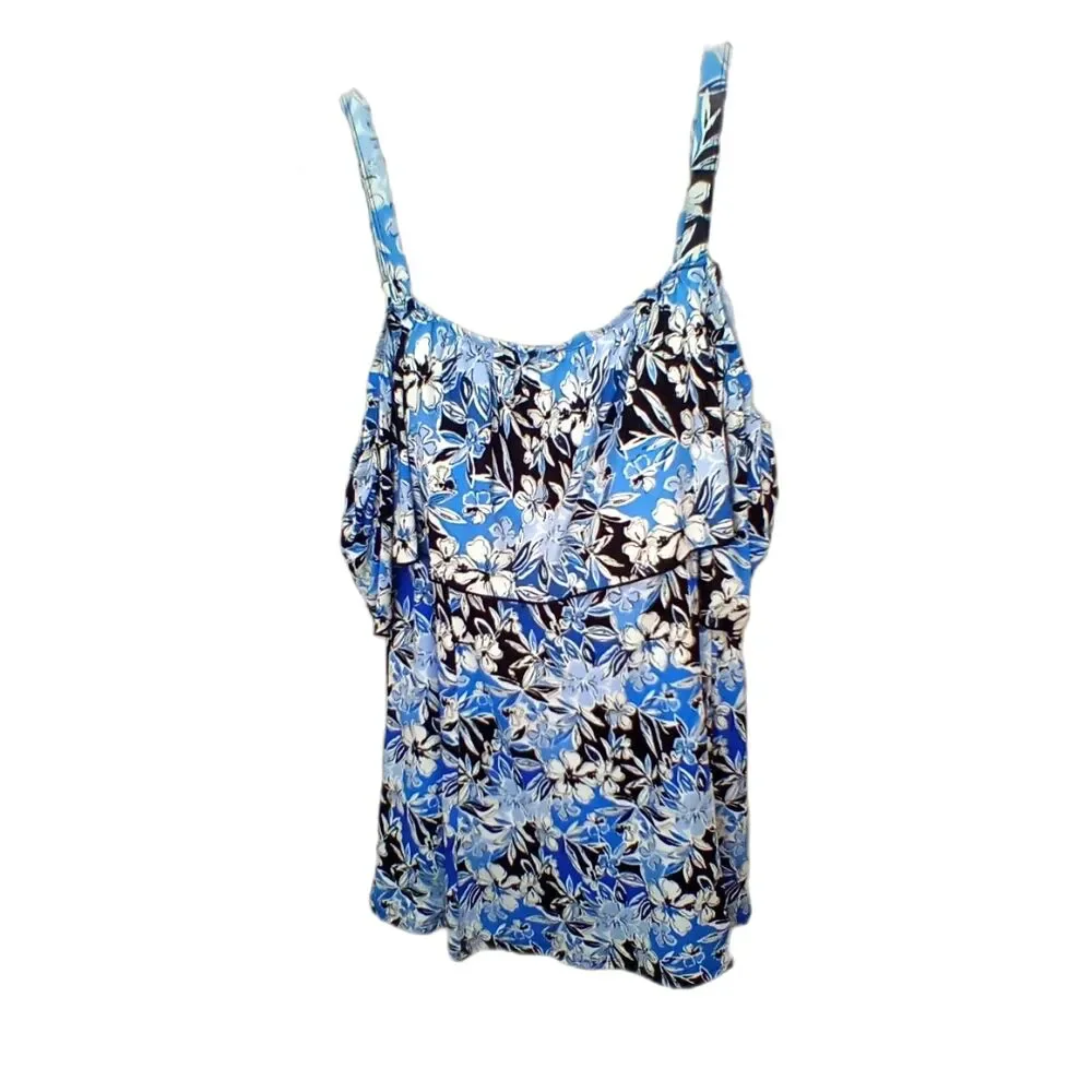 Fit 4 U  Women's Bathing Suit Swimdress Size 20W Tiered Floral Blue Black